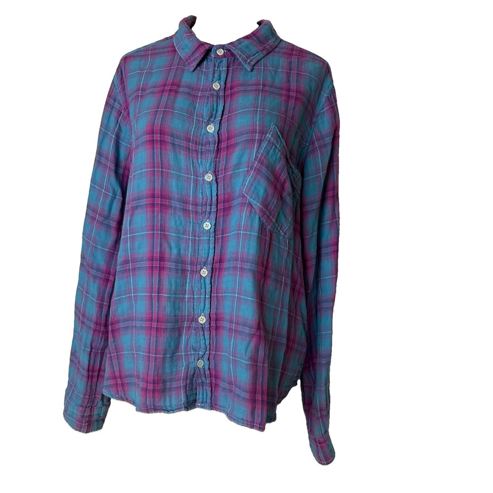 CP SHADES Plaid Cotton Button up shirt top roll tab long slv Womens L